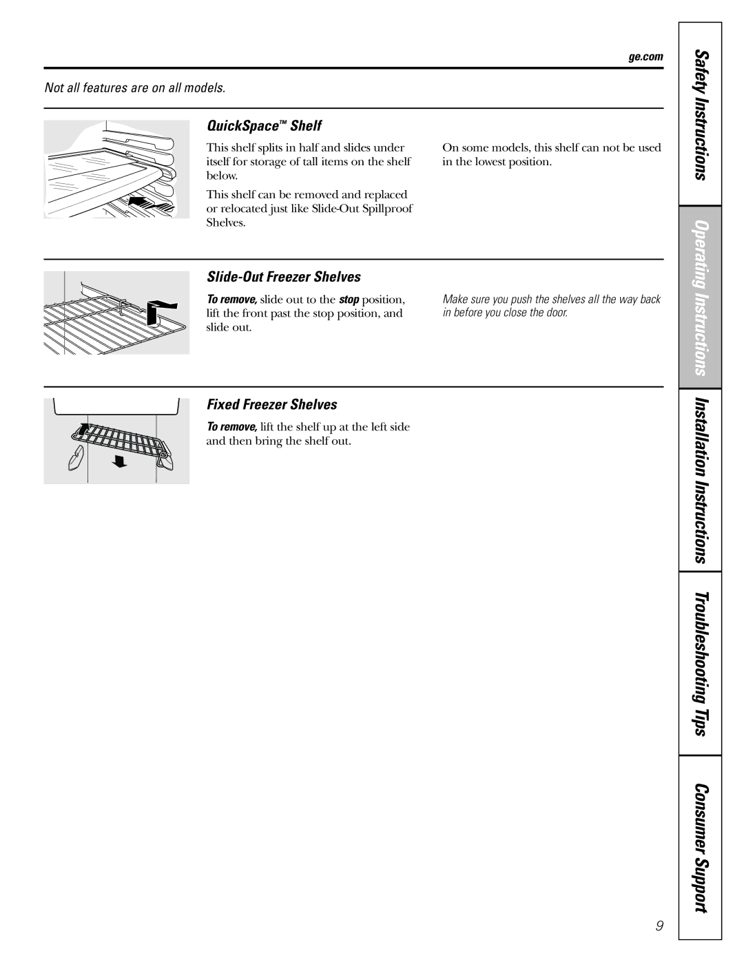 GE 23, 25 QuickSpace Shelf, Slide-Out Freezer Shelves, Fixed Freezer Shelves, Before you close the door 