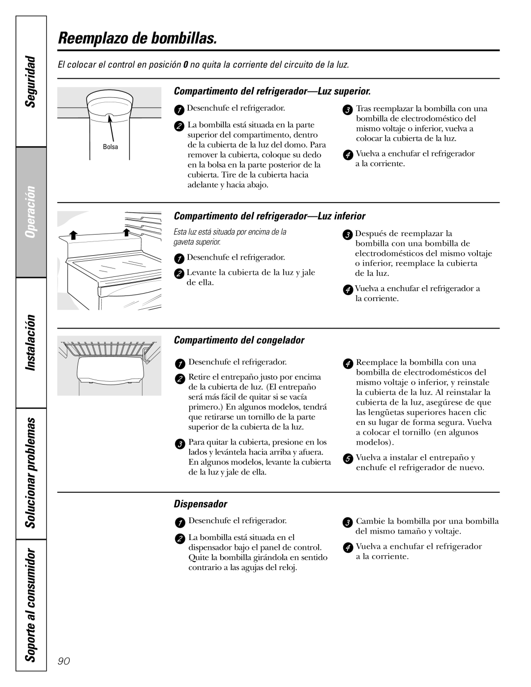 GE 25, 23 installation instructions Reemplazo de bombillas, Soporte al consumidor Solucionar 