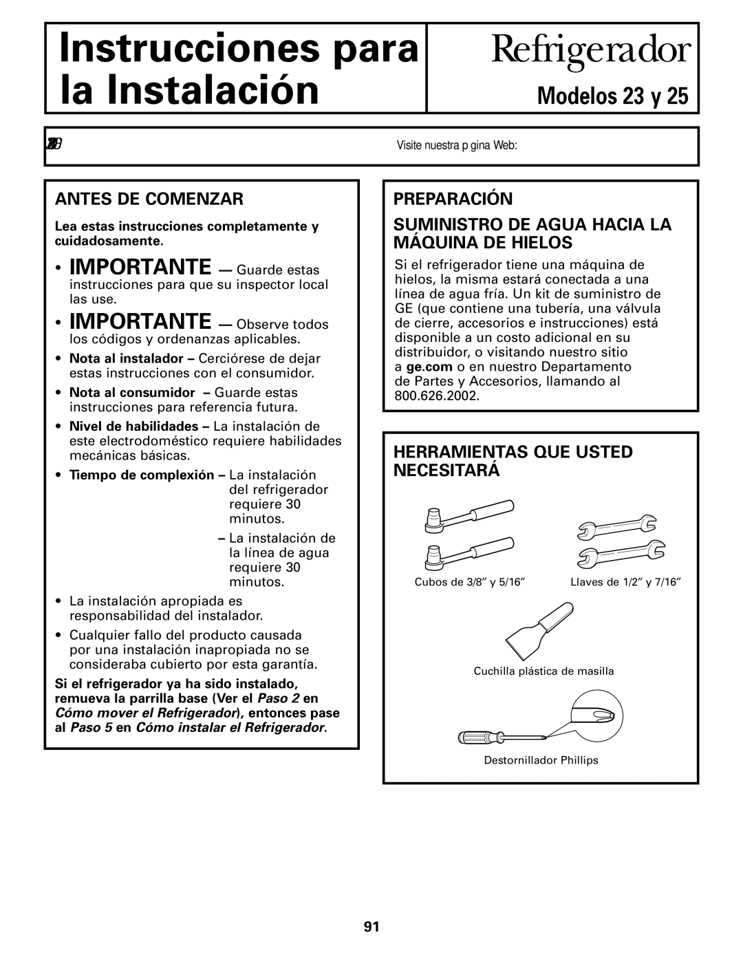 GE 23, 25 Antes DE Comenzar, Preparación Suministro DE Agua Hacia LA Máquina DE Hielos, Herramientas QUE Usted Necesitará 