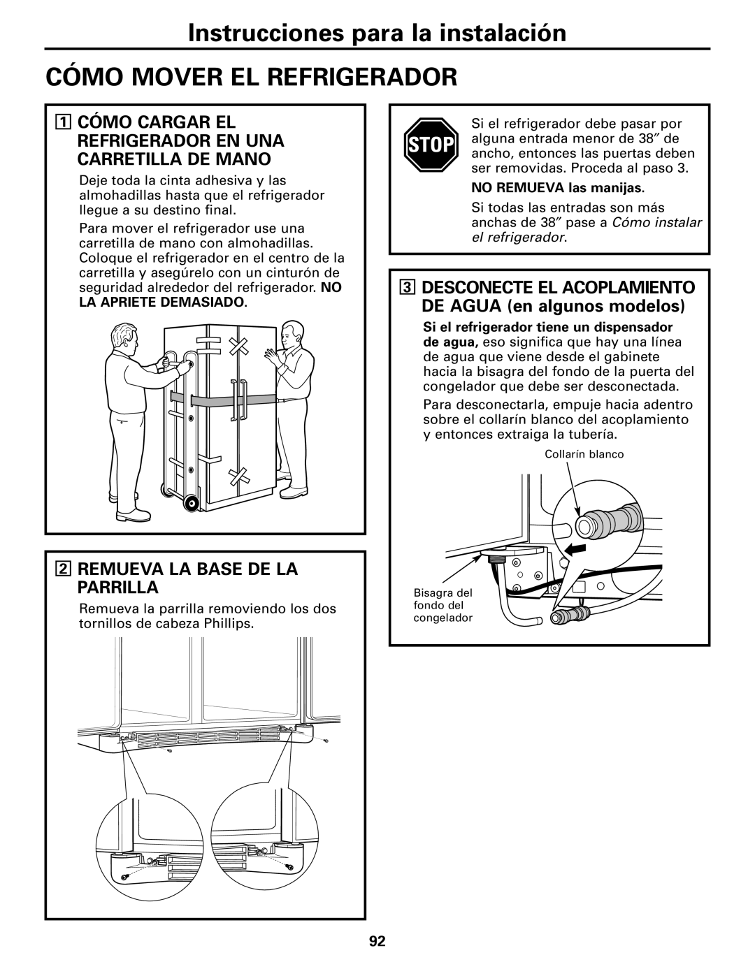 GE 25 Cómo Mover EL Refrigerador, Cómo Cargar EL Refrigerador EN UNA Carretilla DE Mano, Remueva LA Base DE LA Parrilla 