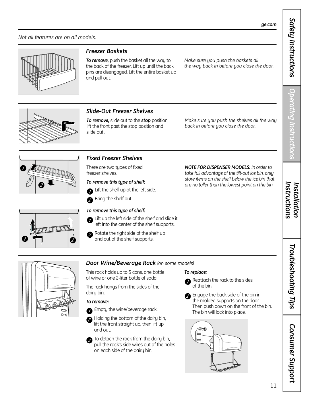 GE 23, 25, 26 Tips Consumer Support, Freezer Baskets, Slide-Out Freezer Shelves, Fixed Freezer Shelves 