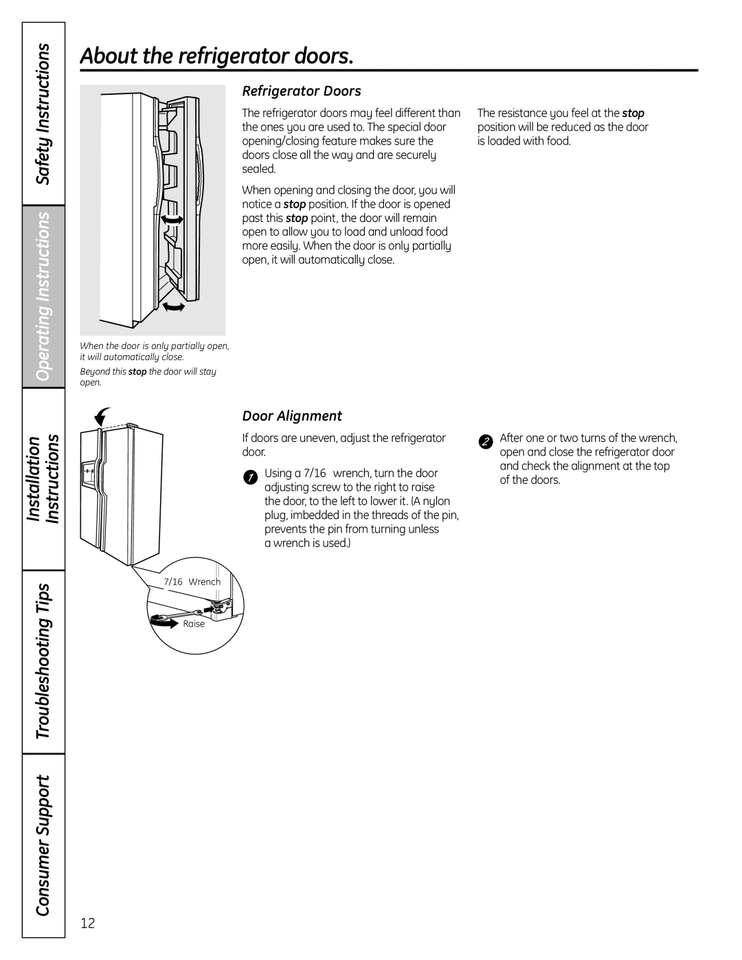 GE 25 About the refrigerator doors, Operating Instructions Safety Instructions, Installation Instructions, Door Alignment 