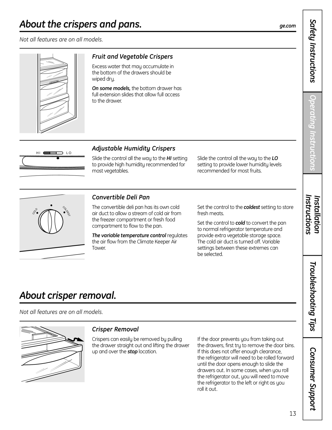 GE 26, 25, 23 About the crispers and pans, About crisper removal, Safety Instructions Operating Instructions 