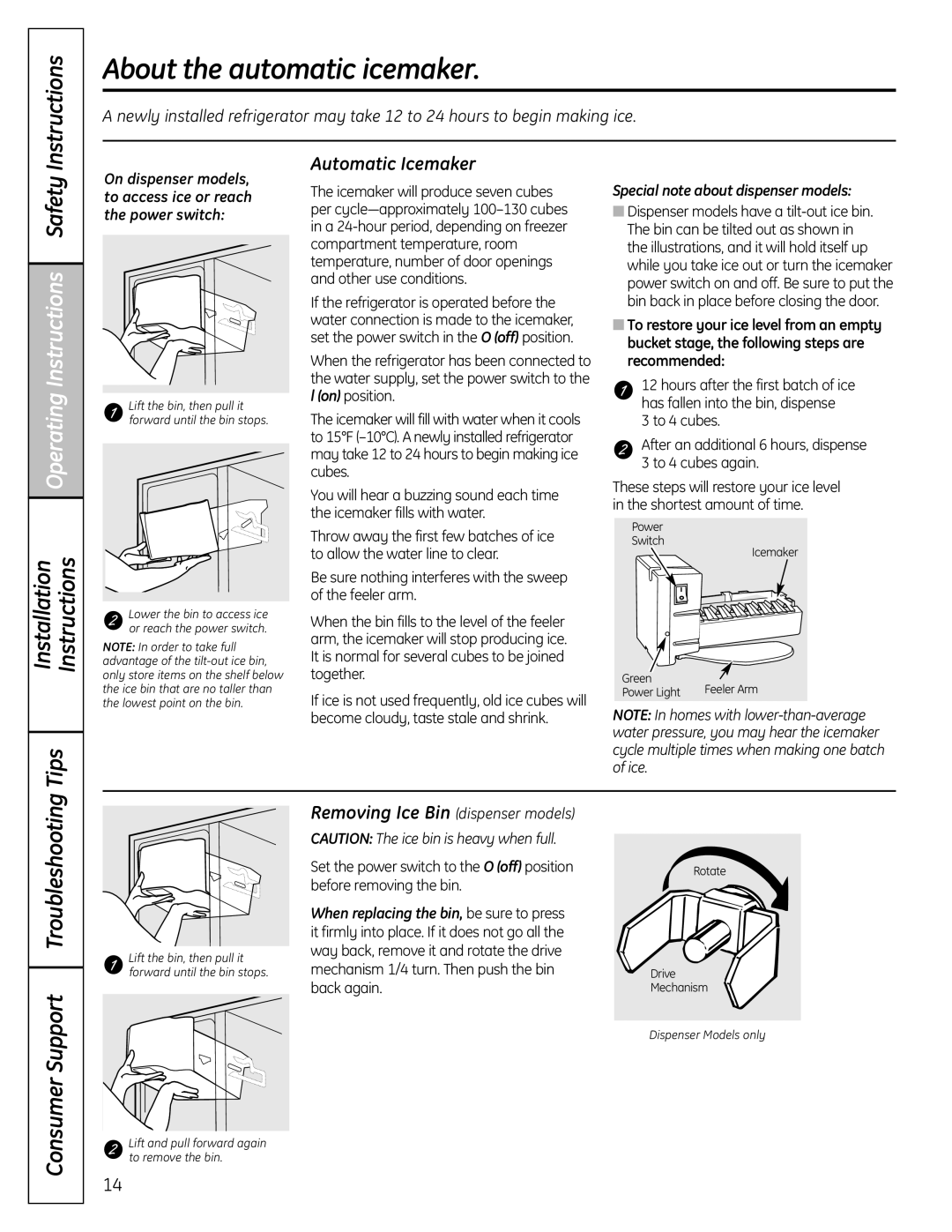 GE 23 About the automatic icemaker, Operating Instructions Safety, Automatic Icemaker, Special note about dispenser models 