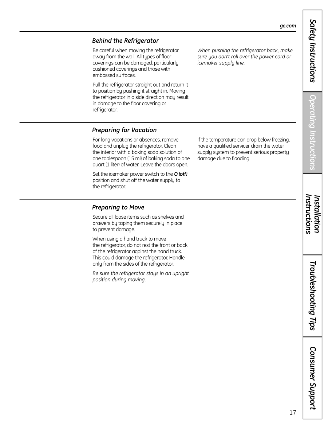 GE 23, 25, 26 installation instructions Safety, Behind the Refrigerator, Preparing for Vacation, Preparing to Move 