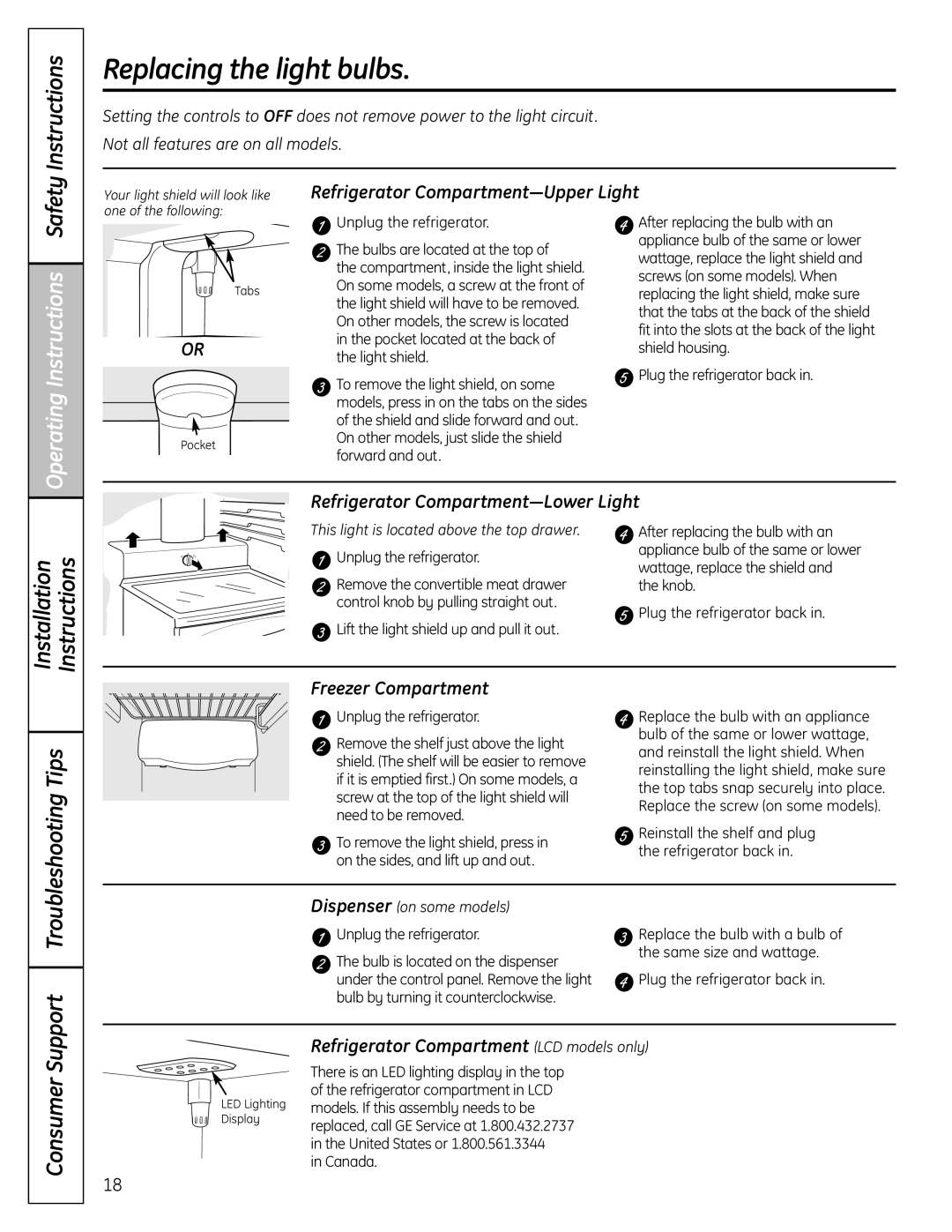 GE 25, 26, 23 installation instructions Replacing the light bulbs, Operating Instructions 