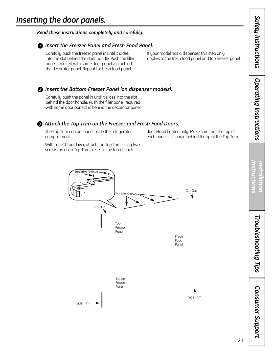 GE 25, 26, 23 installation instructions Inserting the door panels, Insert the Freezer Panel and Fresh Food Panel 