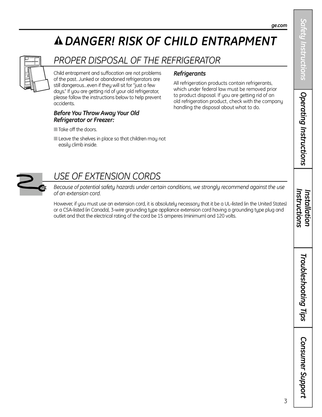 GE 25, 26, 23 installation instructions Refrigerants, Before You Throw Away Your Old, Refrigerator or Freezer, Ge.com 