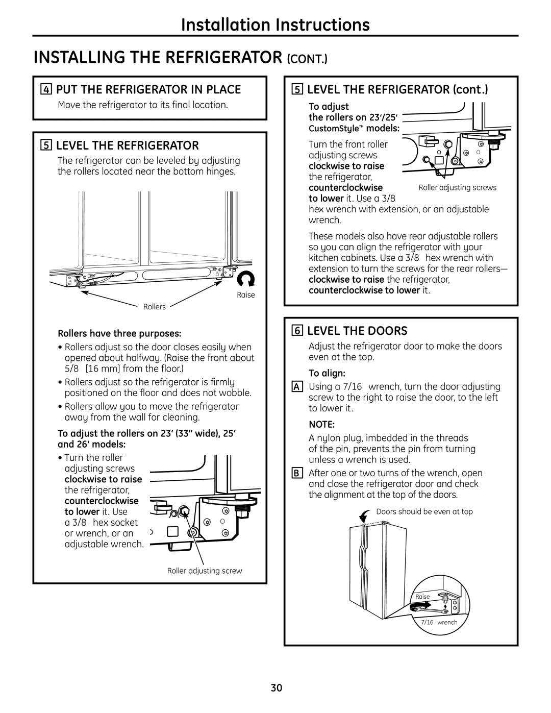 GE 25, 26, 23 installation instructions PUT the Refrigerator in Place, Level the Refrigerator, Level the Doors 