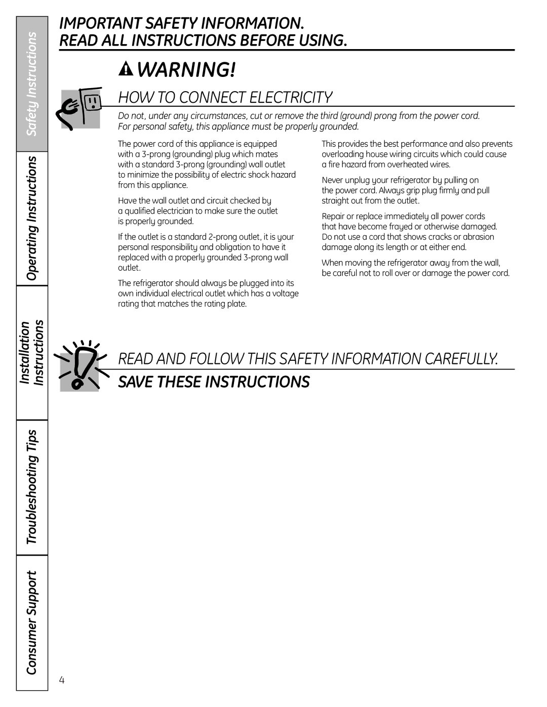 GE 26, 25, 23 installation instructions HOW to Connect Electricity, Operating Instructions 