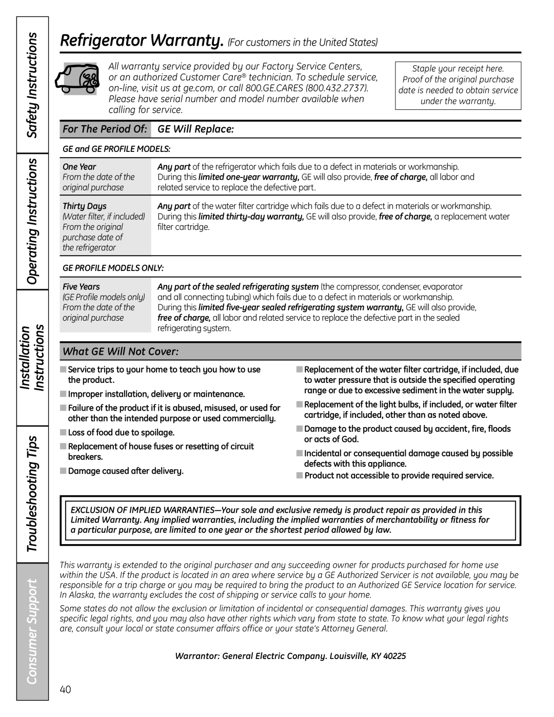 GE 26, 25, 23 installation instructions Operating Instructions Safety Instructions, GE Will Replace, What GE Will Not Cover 