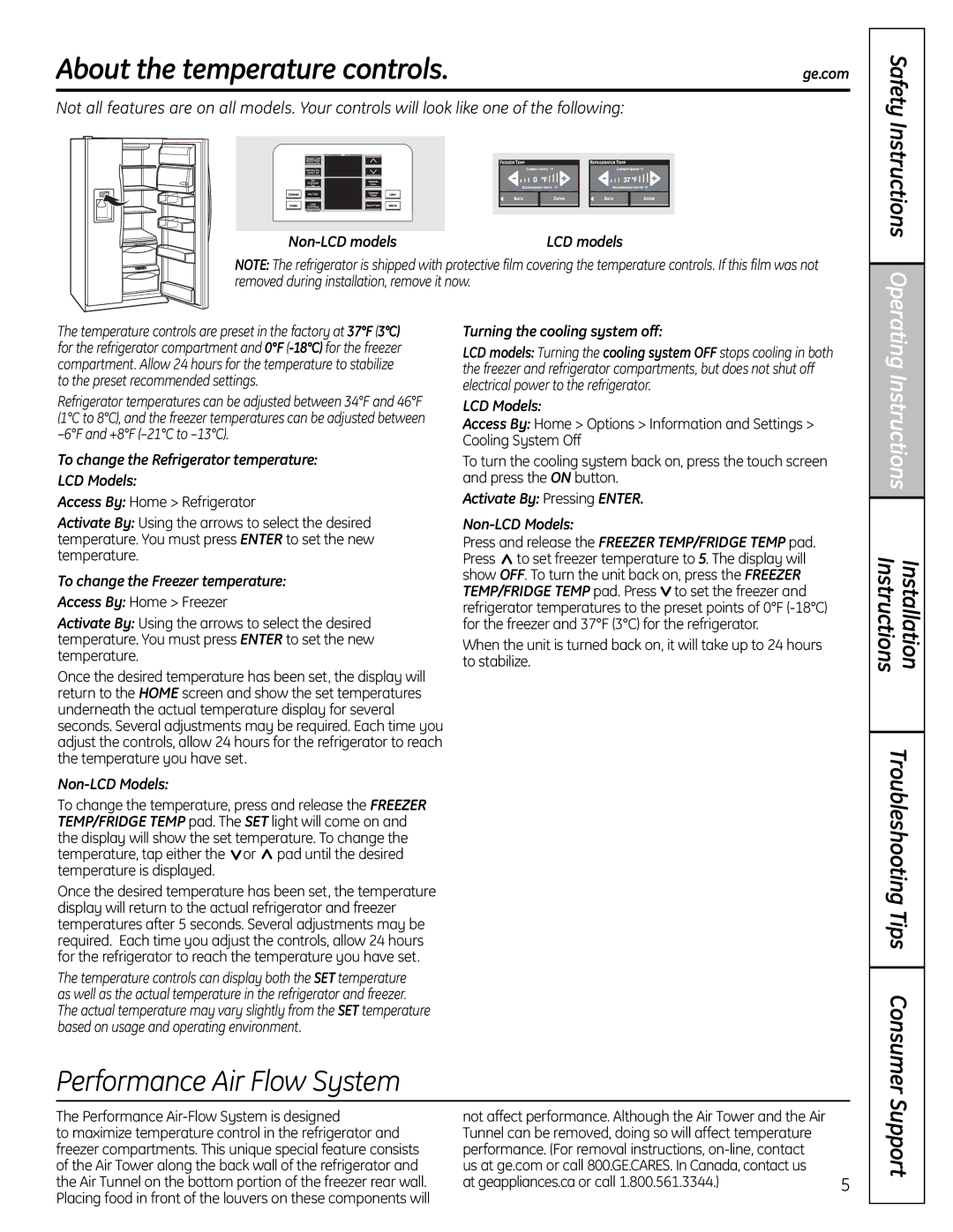 GE 23, 25, 26 installation instructions About the temperature controls, Instructions Installation, Support 