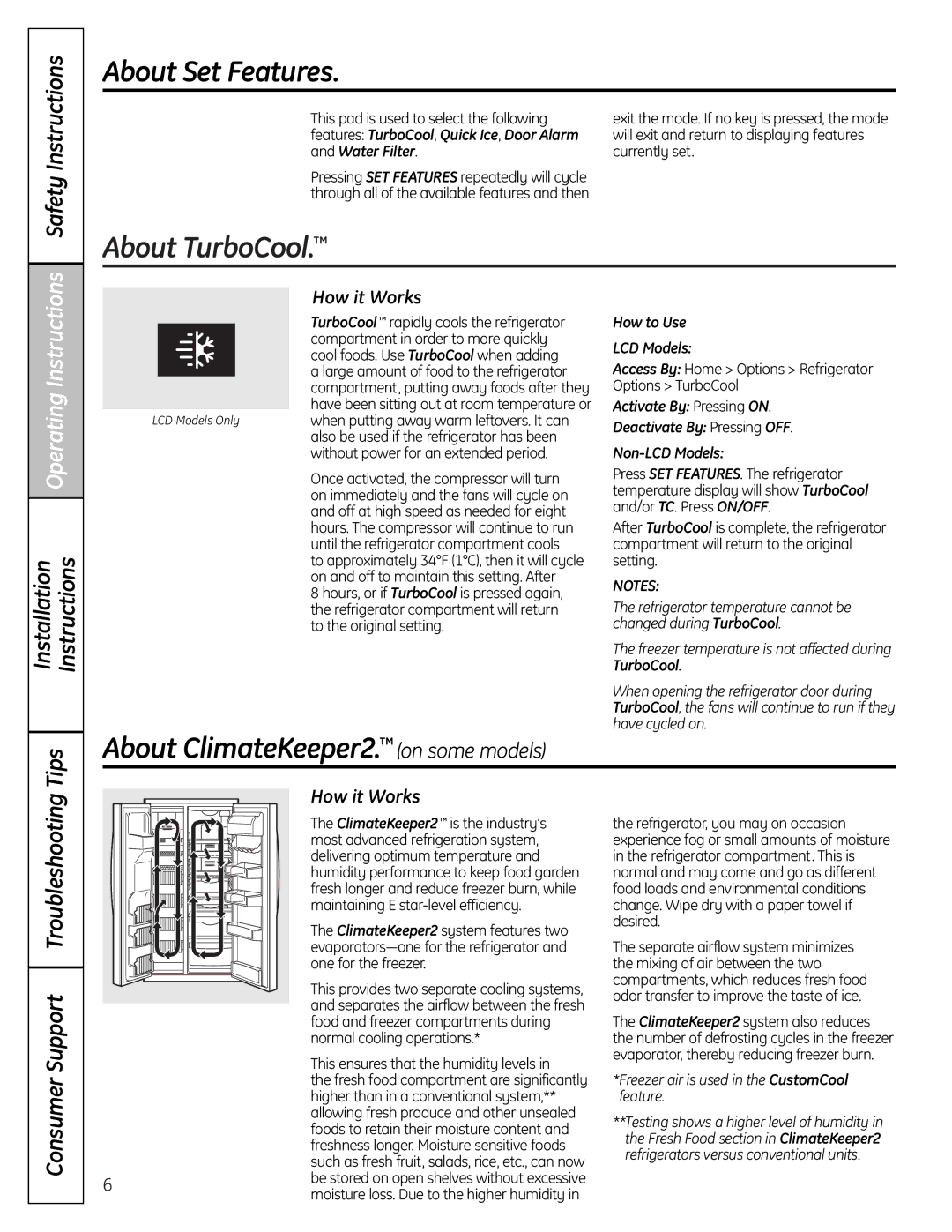 GE 25, 26, 23 About Set Features, About TurboCool, Safety Instructions, Installation Instructions Tips, How it Works 