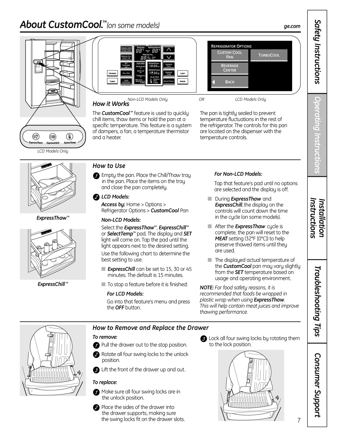 GE 26, 25, 23 installation instructions How to Use, How to Remove and Replace the Drawer 