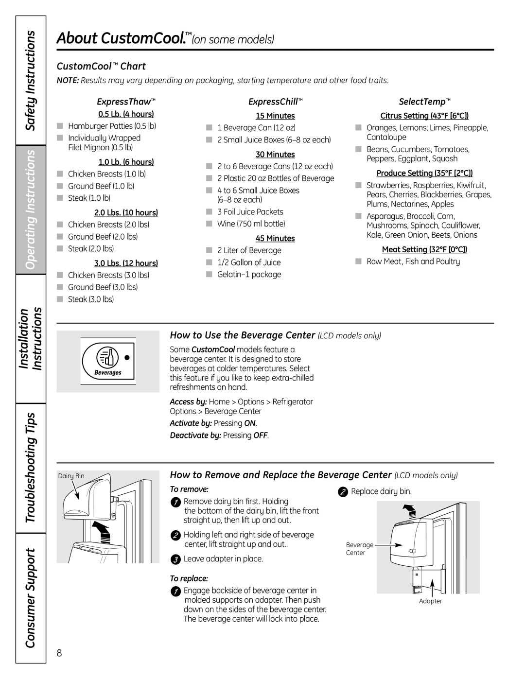 GE 23 About CustomCool.on some models, Consumer Support, CustomCool Chart, How to Use the Beverage Center LCD models only 