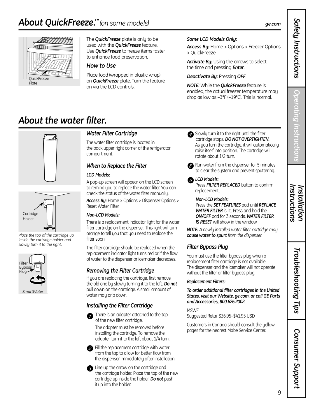 GE 25, 26, 23 installation instructions About QuickFreeze.on some models, About the water filter 