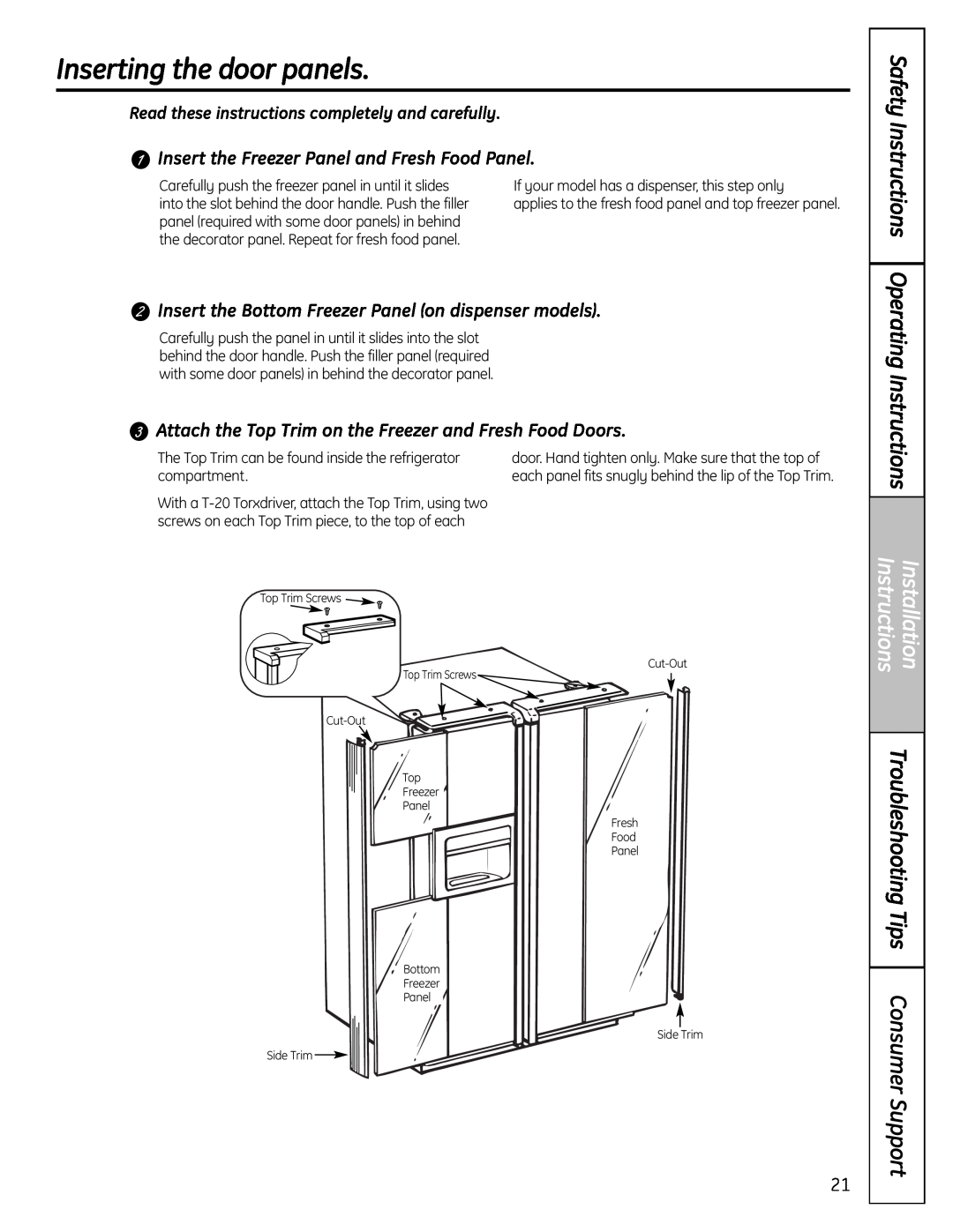 GE 25, 26 Inserting the door panels, Insert the Freezer Panel and Fresh Food Panel, Troubleshooting Tips Consumer Support 