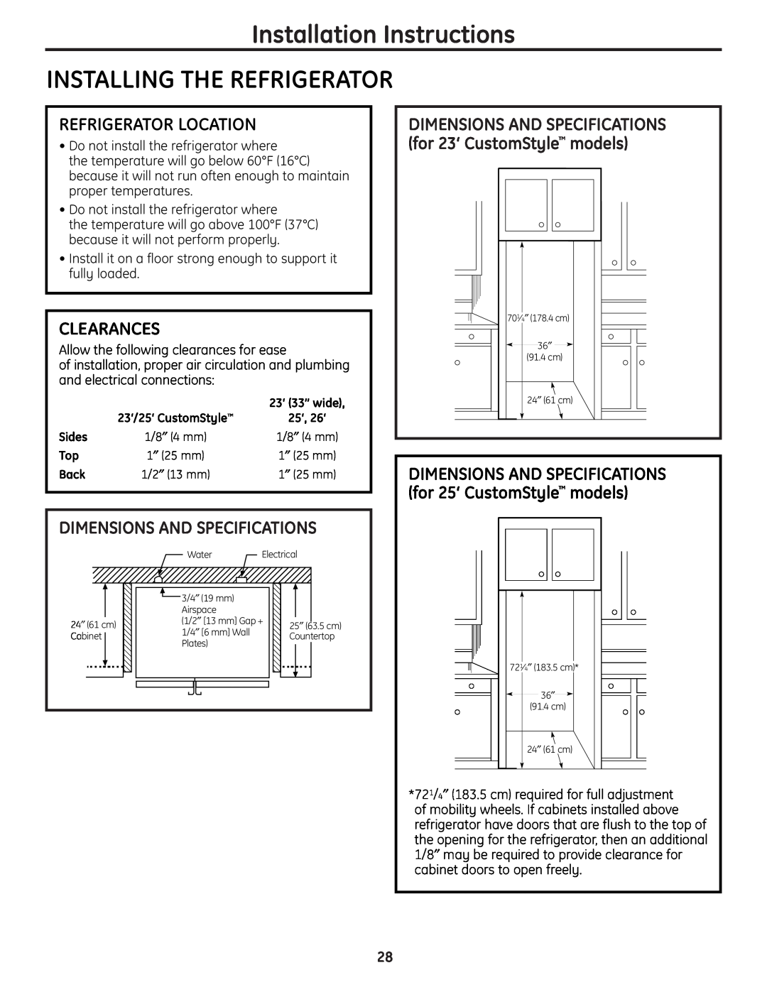 GE 26, 25, 23 Installation Instructions INSTALLING THE REFRIGERATOR, Refrigerator Location, Clearances 