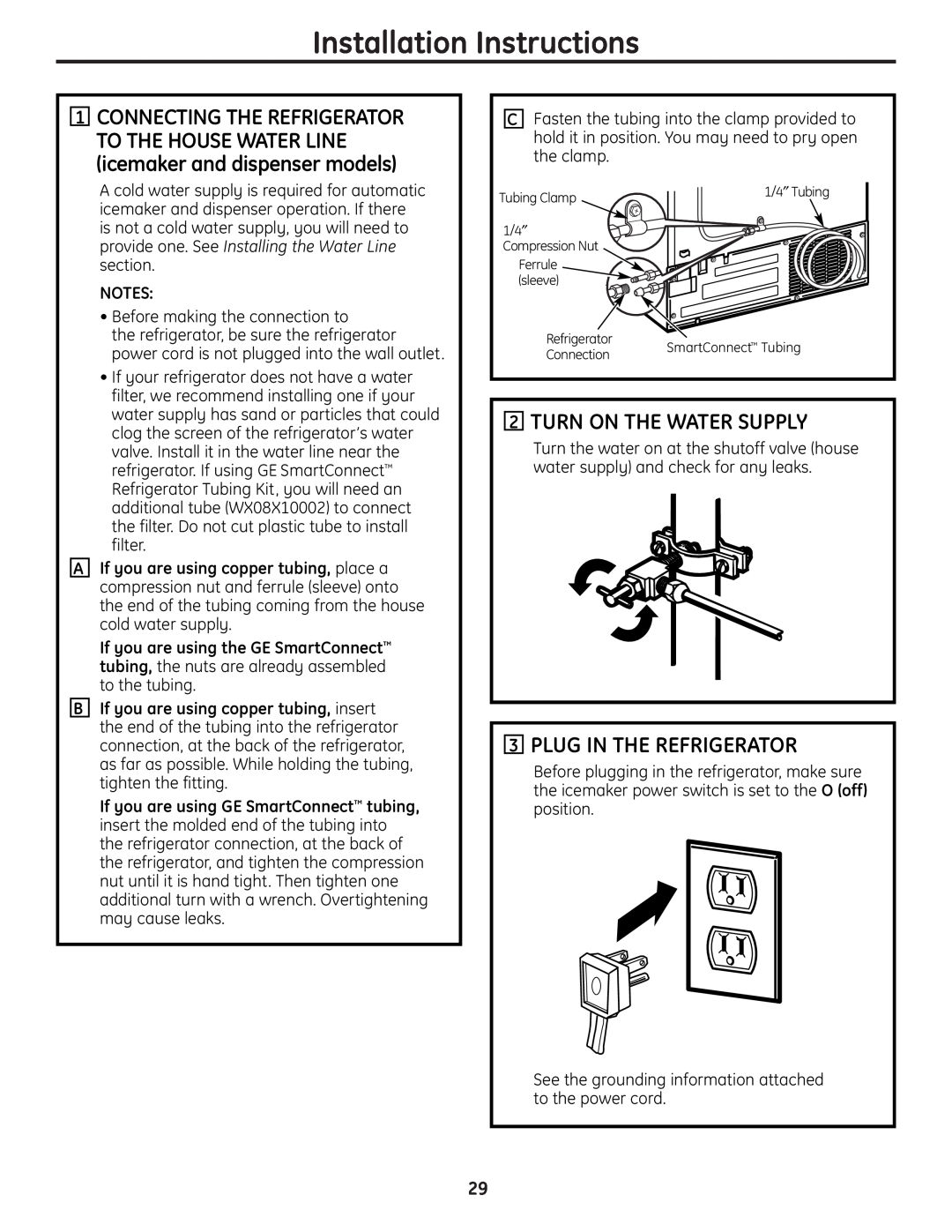 GE 23, 25, 26 installation instructions Turn On The Water Supply, Plug In The Refrigerator, Installation Instructions 