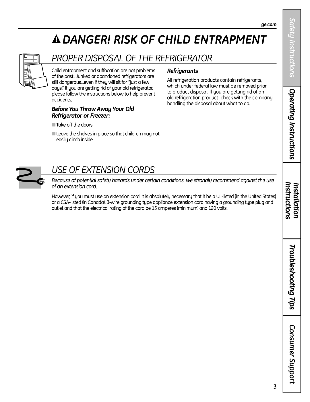 GE 25, 26 Proper Disposal Of The Refrigerator, Use Of Extension Cords, Safety Instructions Operating Instructions, ge.com 