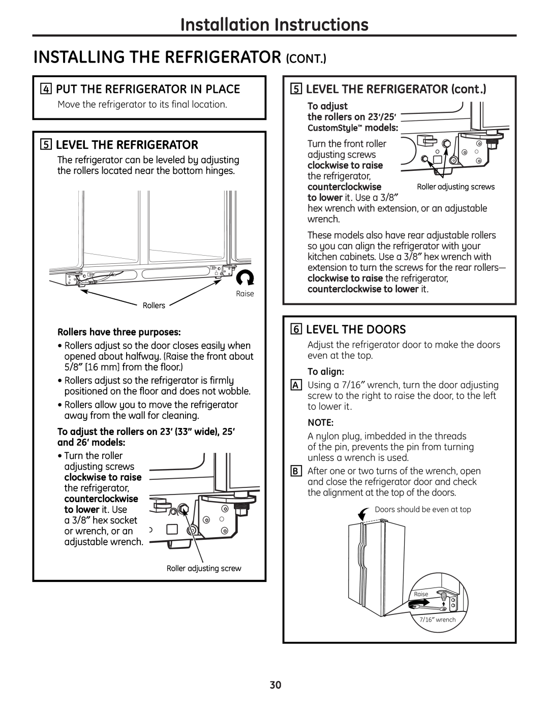 GE 25 Installation Instructions INSTALLING THE REFRIGERATOR CONT, Put The Refrigerator In Place, Level The Refrigerator 