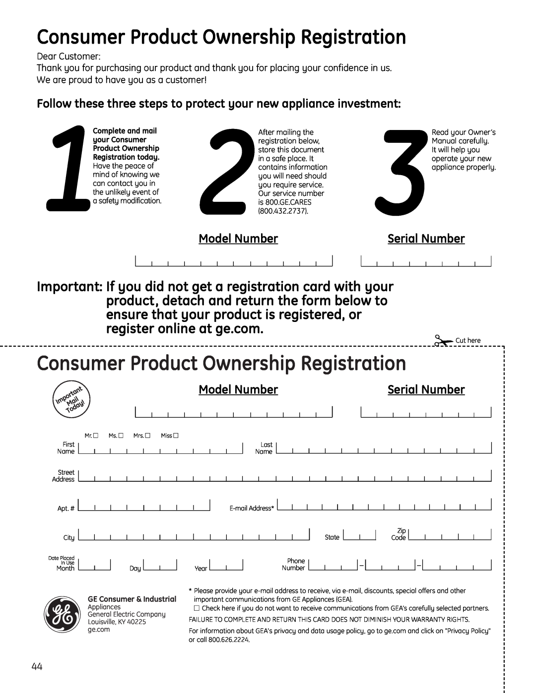 GE 23, 25, 26 Follow these three steps to protect your new appliance investment, Model Number, Serial Number 