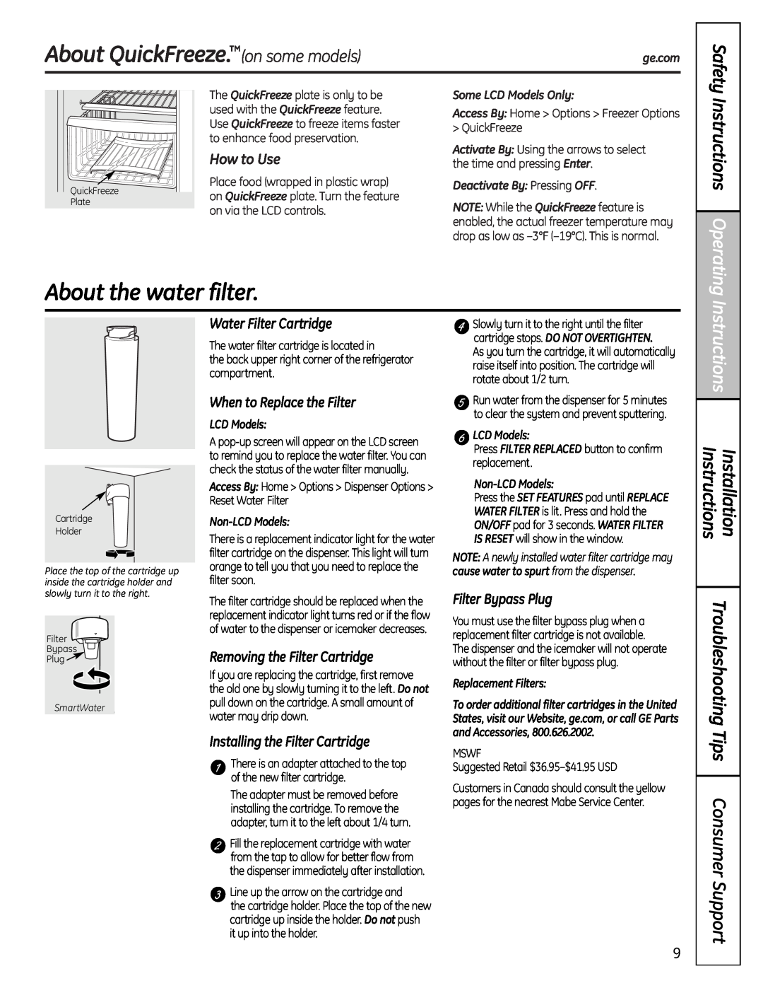 GE 25, 26 About QuickFreeze.on some models, About the water filter, Instructions Operating, Safety, Water Filter Cartridge 