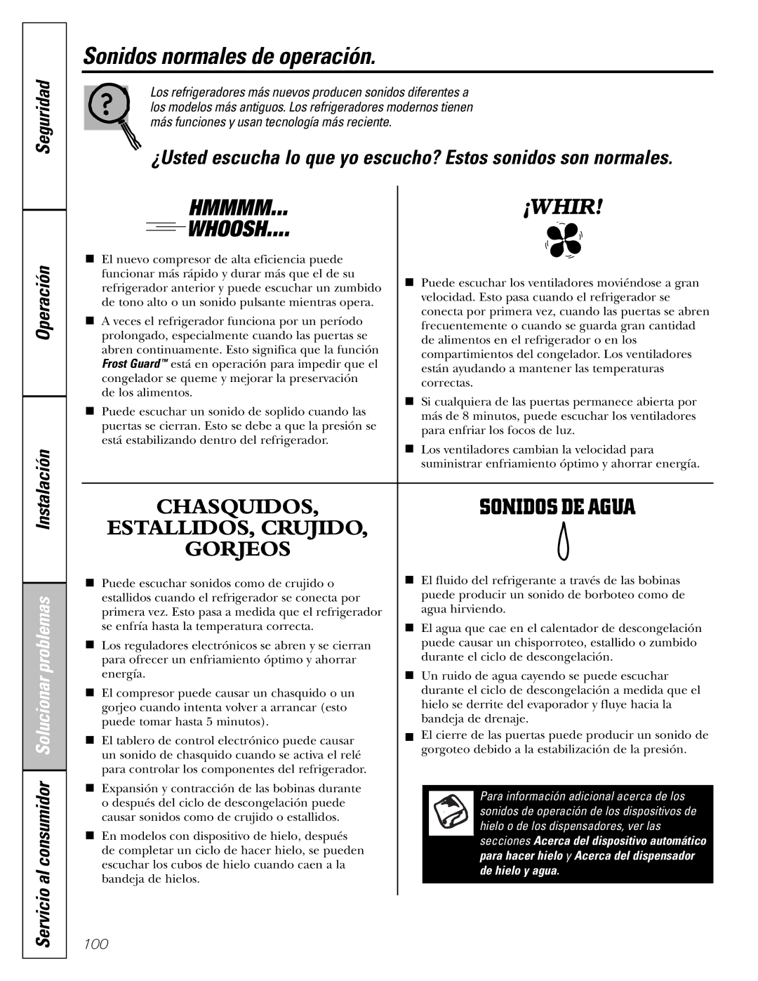 GE 25 and 27 installation instructions Sonidos normales de operación, Whoosh 