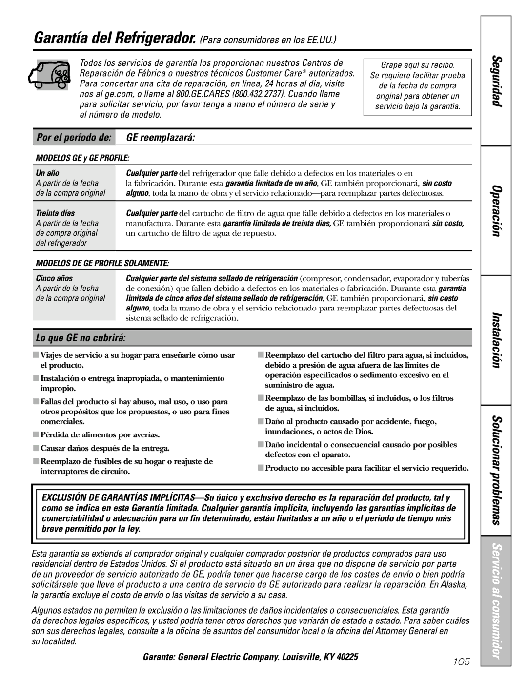 GE 25 and 27 Por el período de GE reemplazará, Lo que GE no cubrirá, Garante General Electric Company. Louisville, KY 