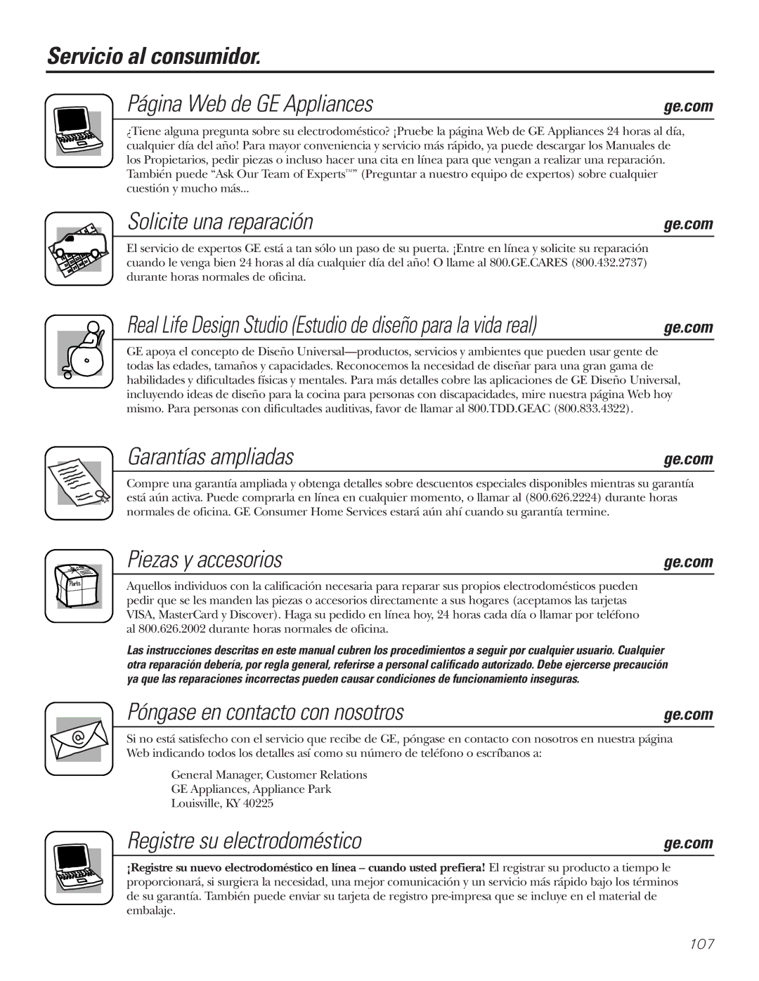 GE 25 and 27 Servicio al consumidor Página Web de GE Appliances, Solicite una reparación, Garantías ampliadas 