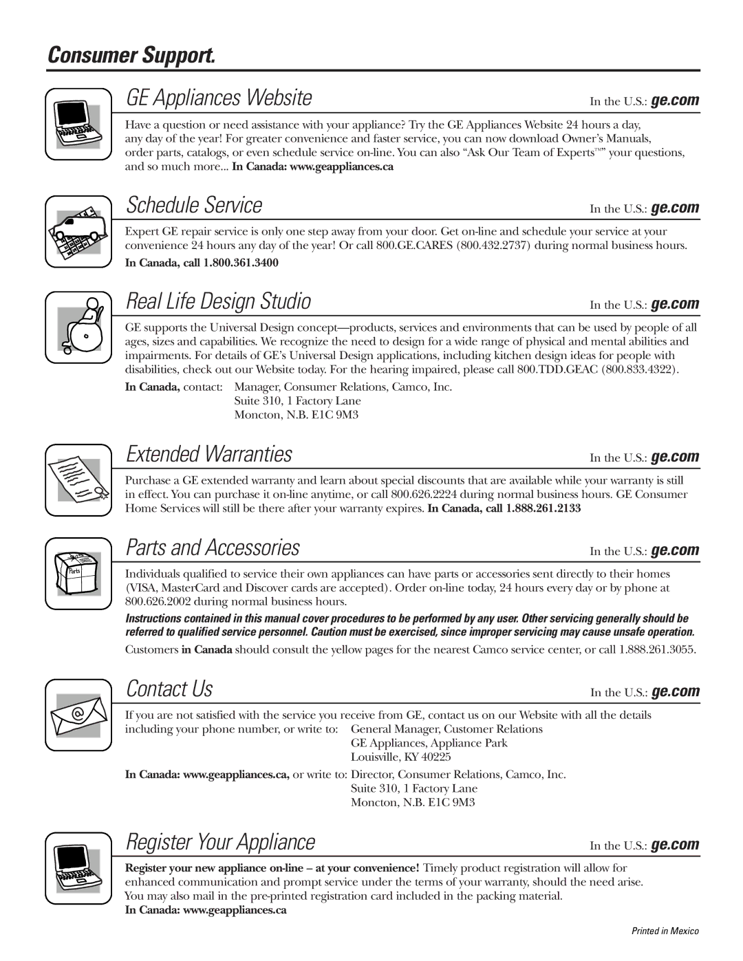 GE 25 and 27 installation instructions Consumer Support, Schedule Service 