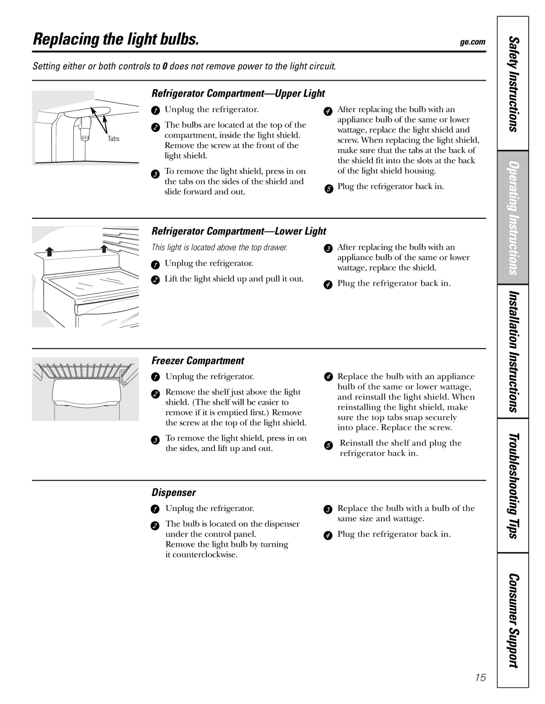 GE 25 and 27 Replacing the light bulbs, Refrigerator Compartment-Upper Light, Refrigerator Compartment-Lower Light 