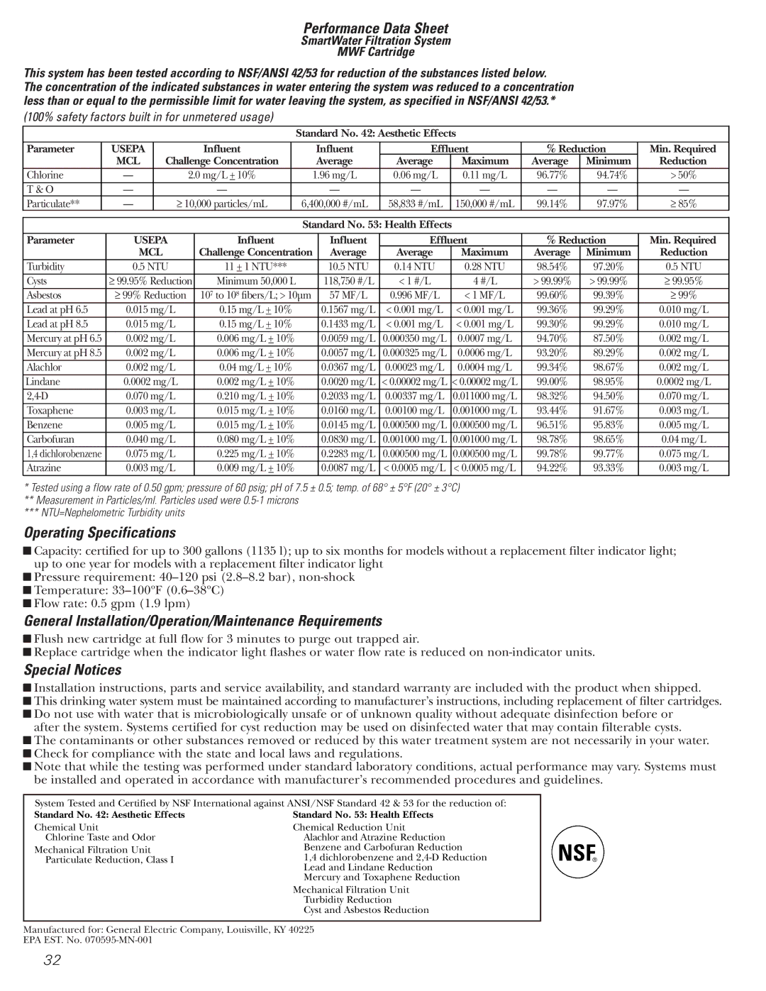 GE 25 and 27 Performance Data Sheet, Operating Specifications, General Installation/Operation/Maintenance Requirements 