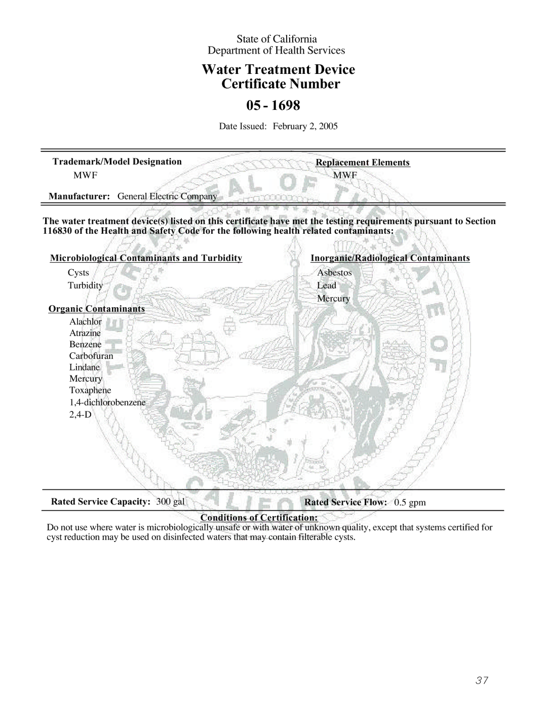 GE 25 and 27 installation instructions Certificate Number 