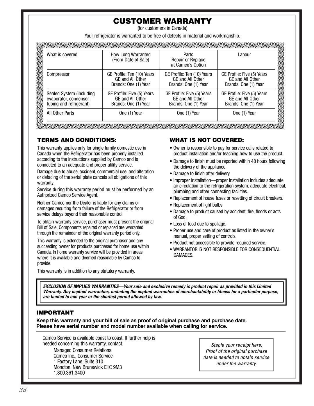 GE 25 and 27 installation instructions Customer Warranty 