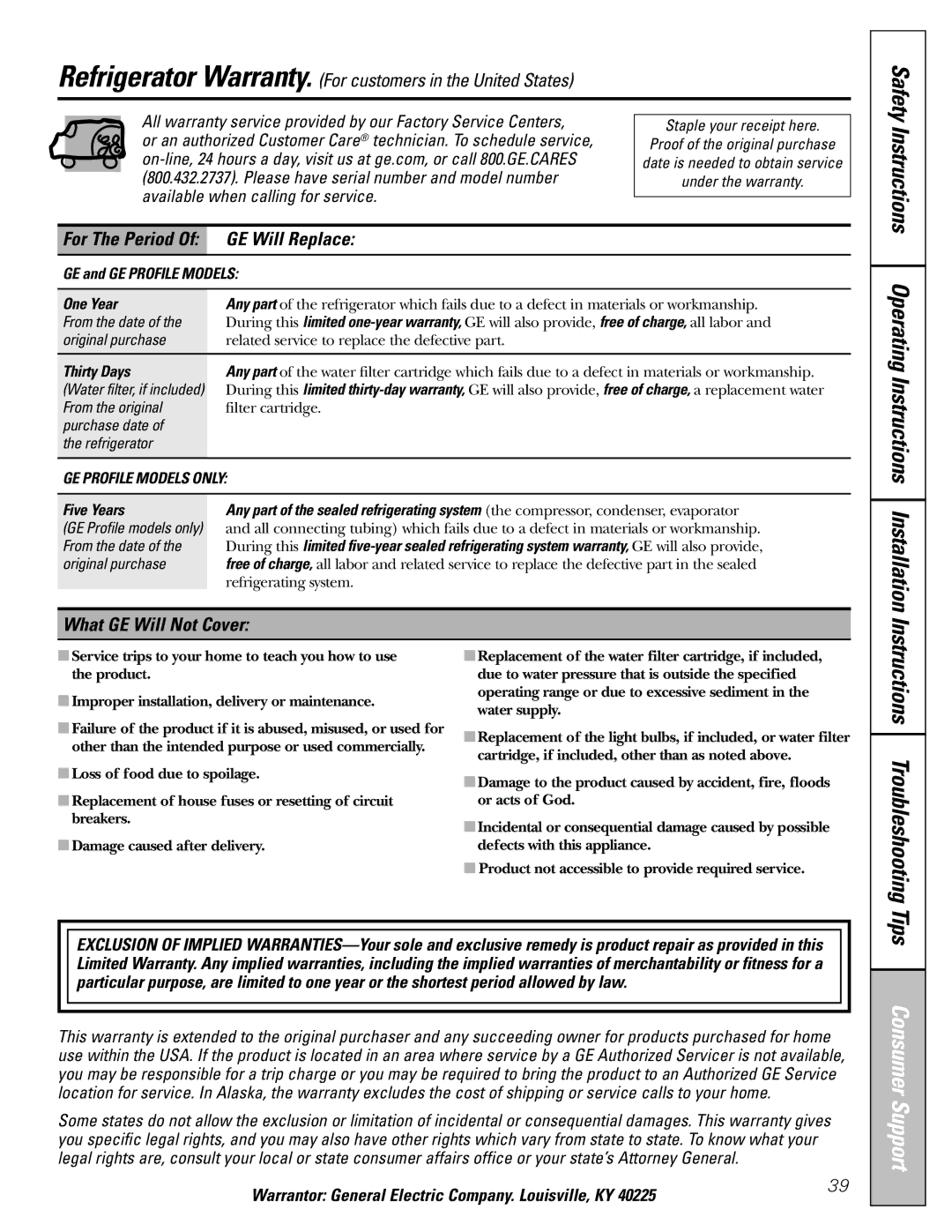 GE 25 and 27 installation instructions GE Will Replace, What GE Will Not Cover 