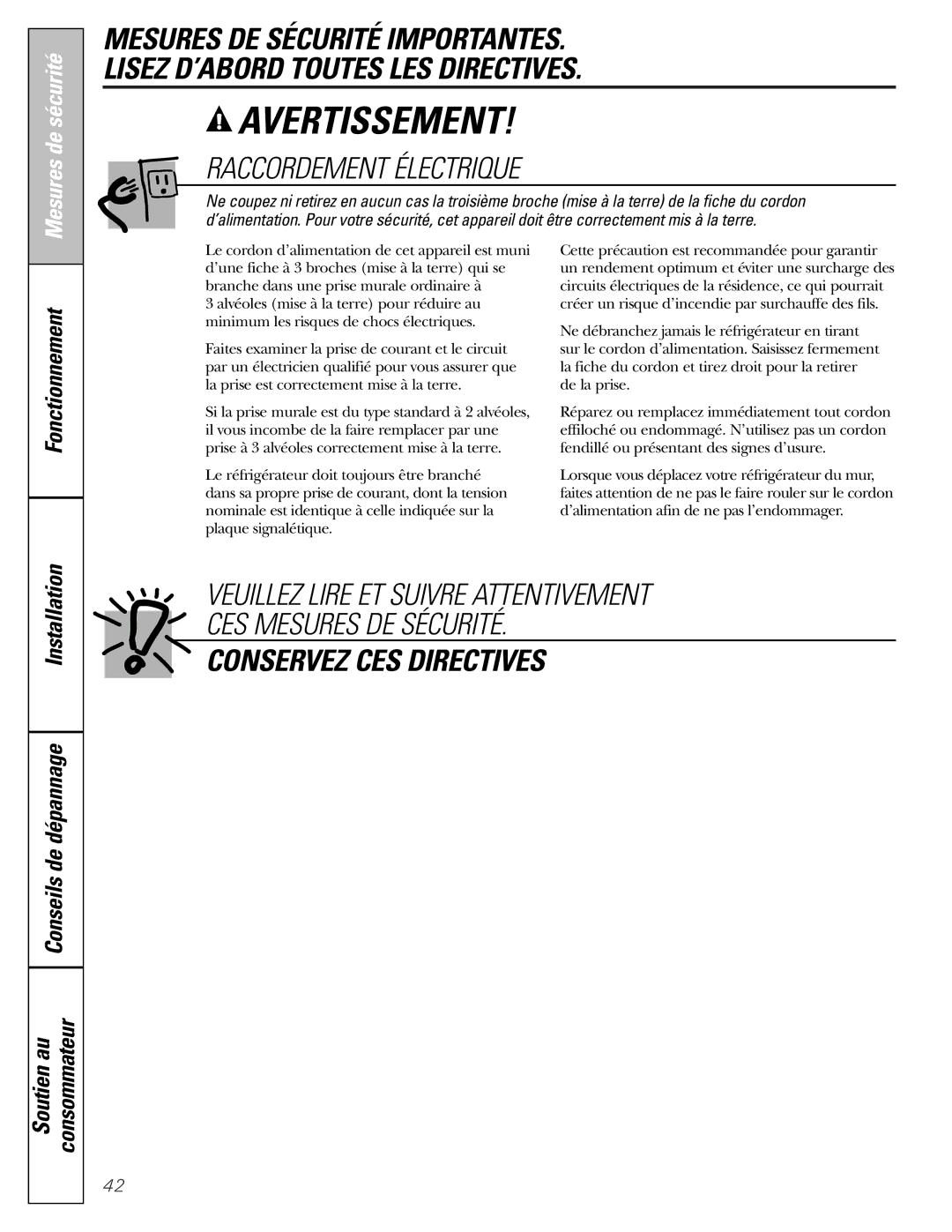 GE 25 and 27 installation instructions Conservez CES Directives 