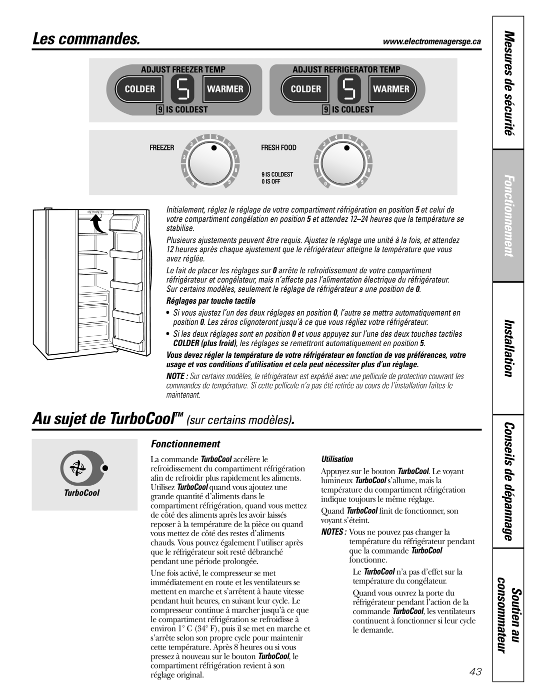 GE 25 and 27 Au sujet de TurboCool sur certains modèles, Fonctionnement, Réglages par touche tactile, Utilisation 