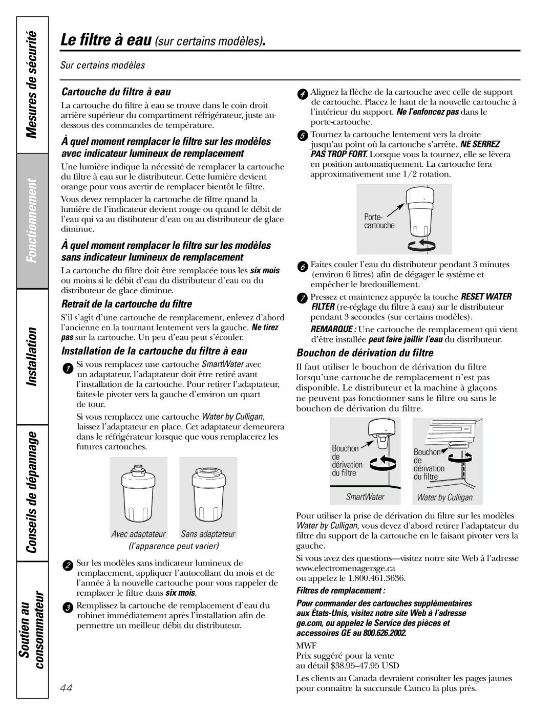 GE 25 and 27 Conseils, Cartouche du filtre à eau, Retrait de la cartouche du filtre, Bouchon de dérivation du filtre 