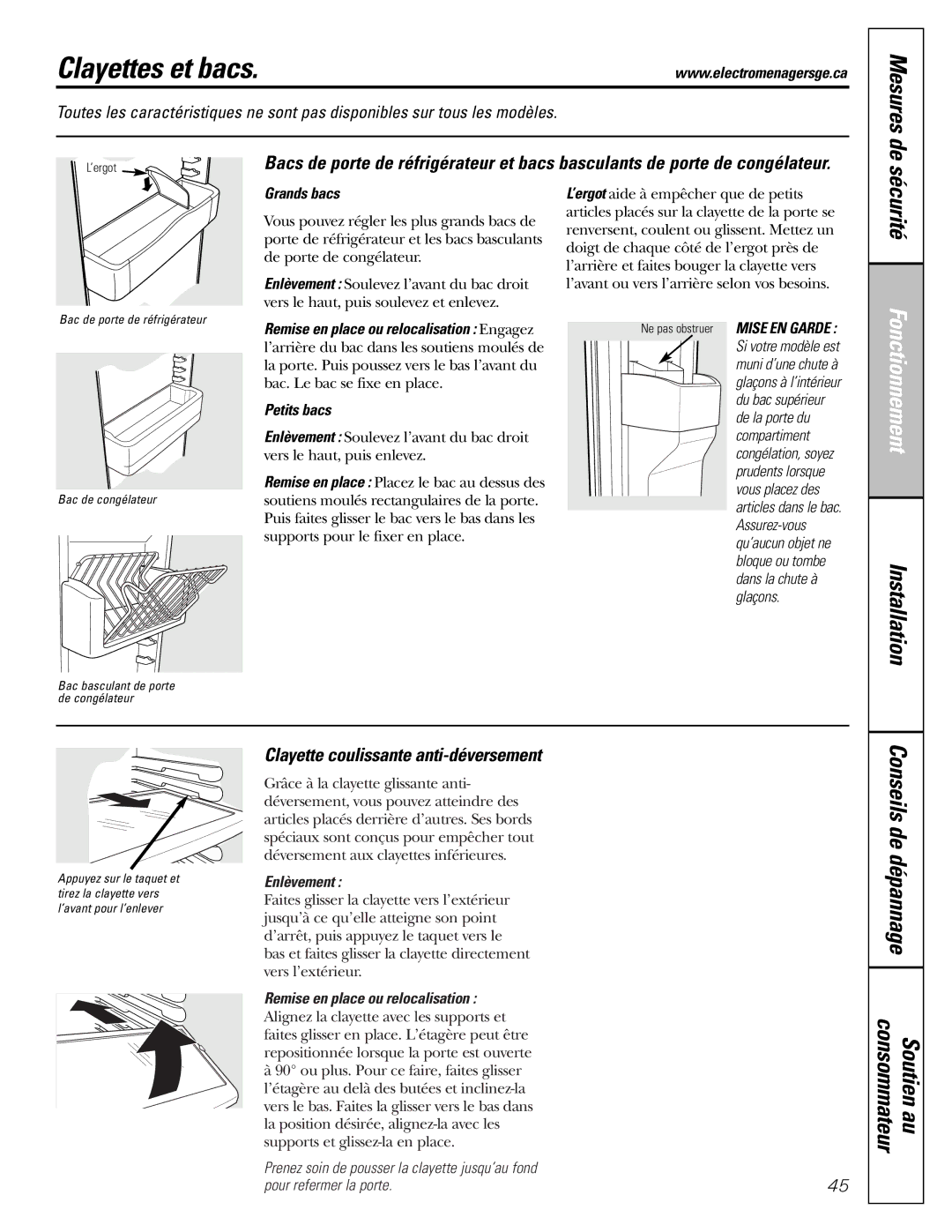 GE 25 and 27 installation instructions Clayettes et bacs, Clayette coulissante anti-déversement, Mesures de 