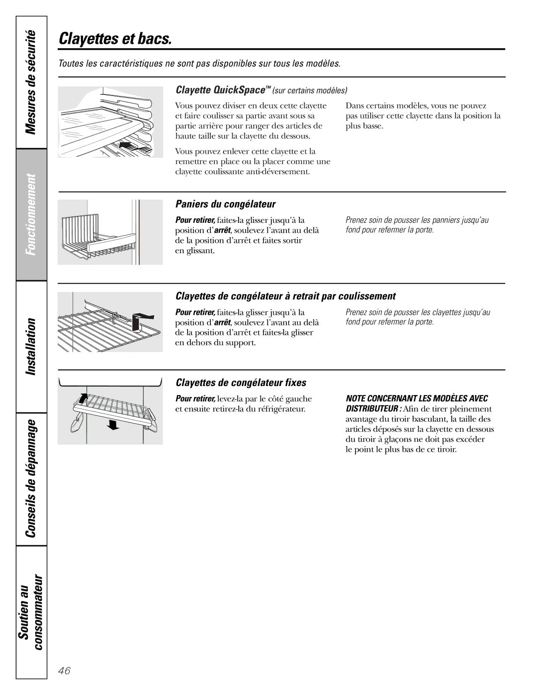 GE 25 and 27 Paniers du congélateur, Clayettes de congélateur à retrait par coulissement, Clayettes de congélateur fixes 
