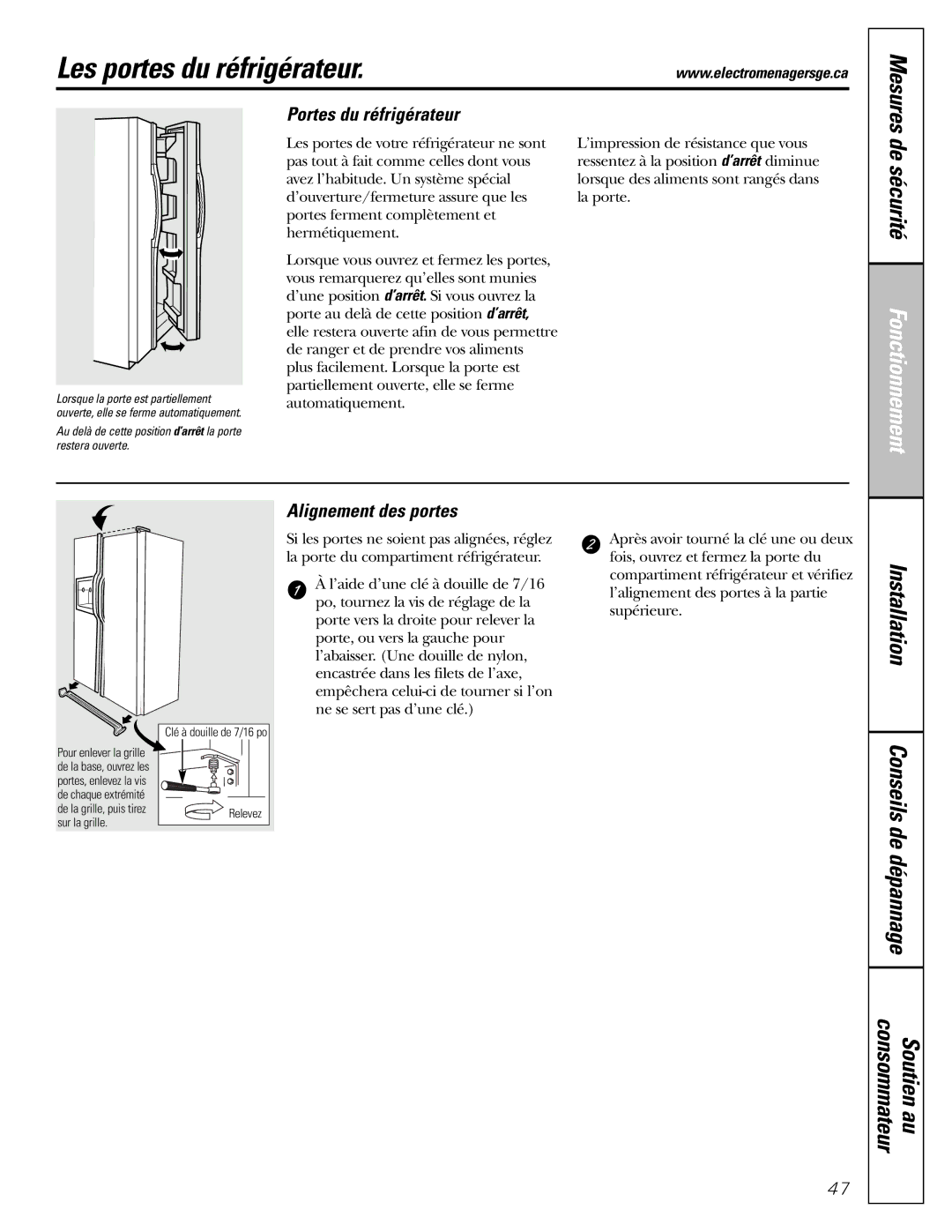 GE 25 and 27 installation instructions Les portes du réfrigérateur, Mesures, Portes du réfrigérateur, Alignement des portes 