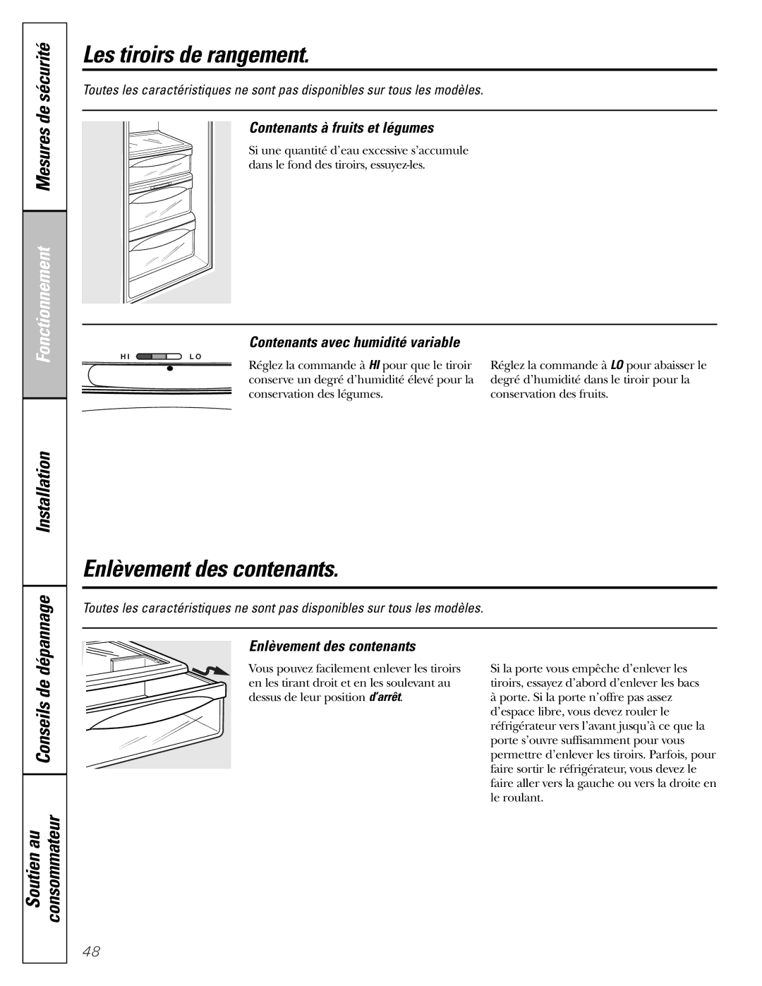 GE 25 and 27 installation instructions Les tiroirs de rangement, Enlèvement des contenants, Contenants à fruits et légumes 