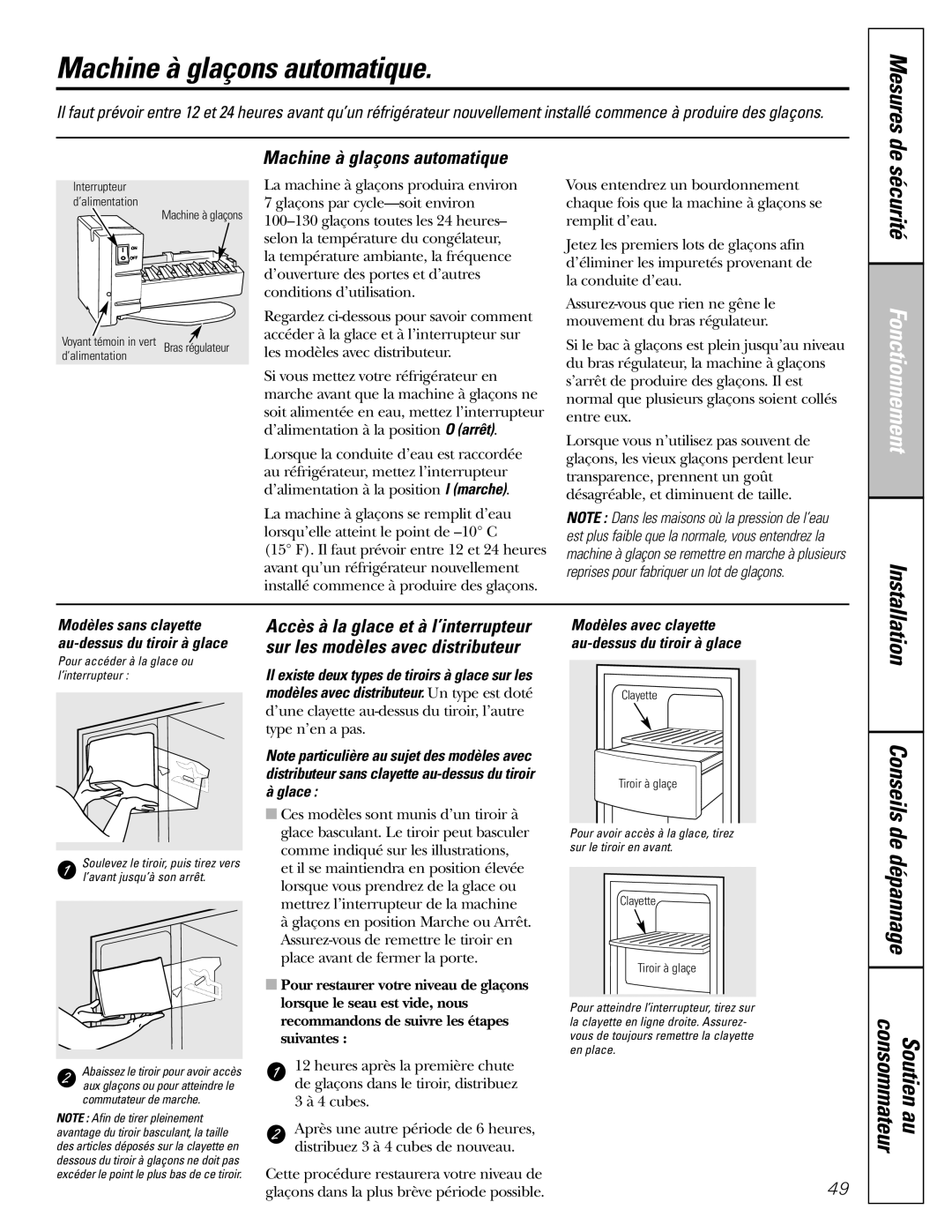 GE 25 and 27 installation instructions Machine à glaçons automatique, Mesures de s, Glace 