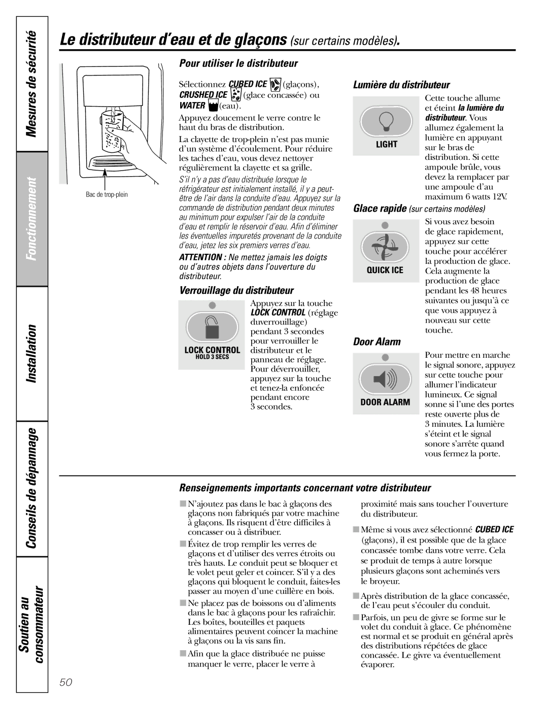 GE 25 and 27 installation instructions Le distributeur d’eau et de glaçons sur certains modèles, Mesures de sé 