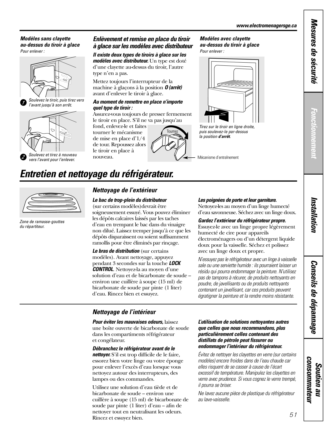 GE 25 and 27 Entretien et nettoyage du réfrigérateur, Conseils de dé, Nettoyage de l’extérieur, Nettoyage de l’intérieur 