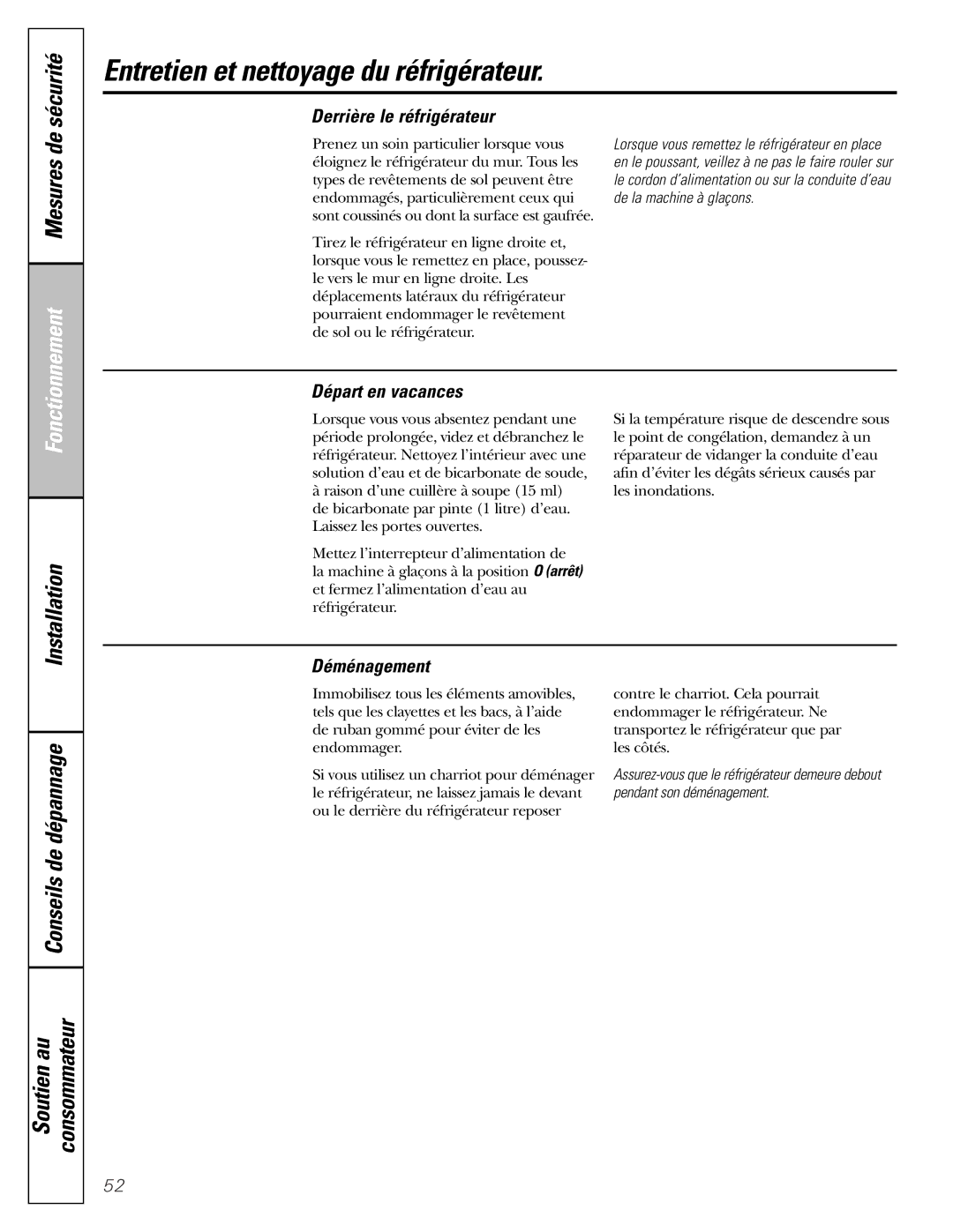 GE 25 and 27 installation instructions Mesures de, Derrière le réfrigérateur, Départ en vacances, Déménagement 