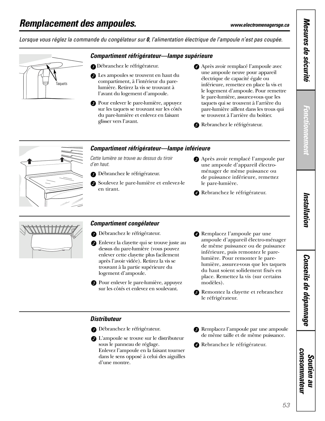 GE 25 and 27 Remplacement des ampoules, Compartiment réfrigérateur-lampe supérieure, Compartiment congélateur 