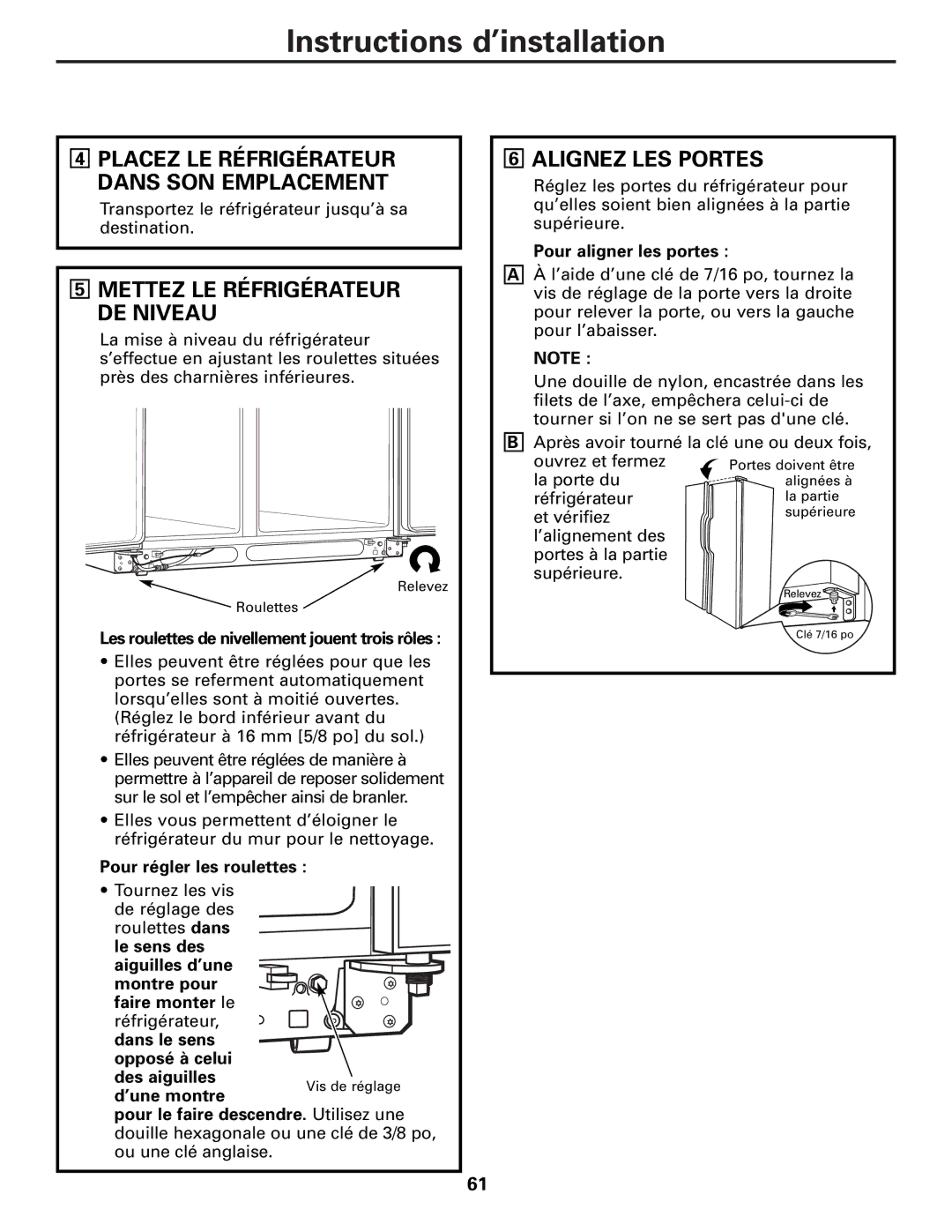 GE 25 and 27 installation instructions Alignez LES Portes, Mettez LE Réfrigérateur DE Niveau 