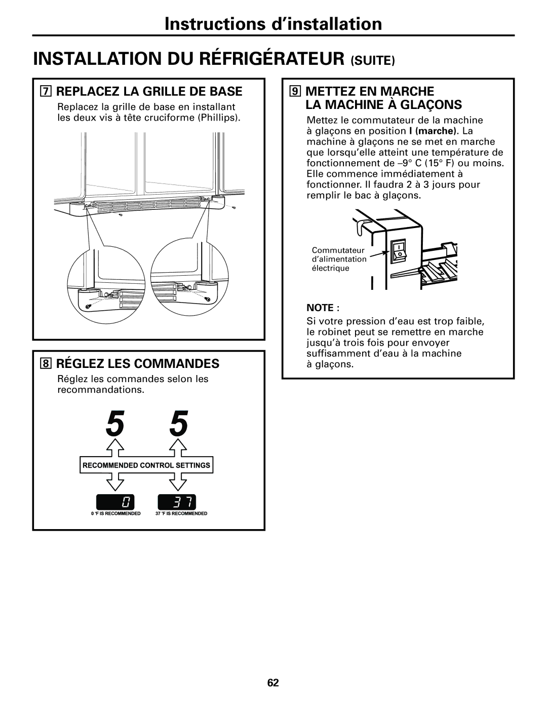 GE 25 and 27 Replacez LA Grille DE Base, Réglez LES Commandes, Mettez EN Marche LA Machine À Glaçons 